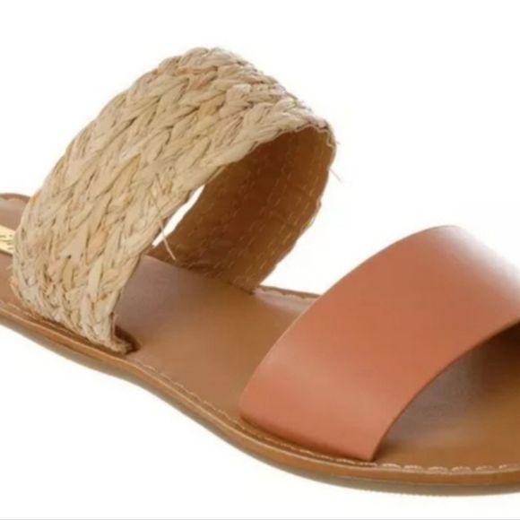 Qupid Two Band Slip-On Flat Sandals- Coral/Straw Tan - Picture 6 of 10
